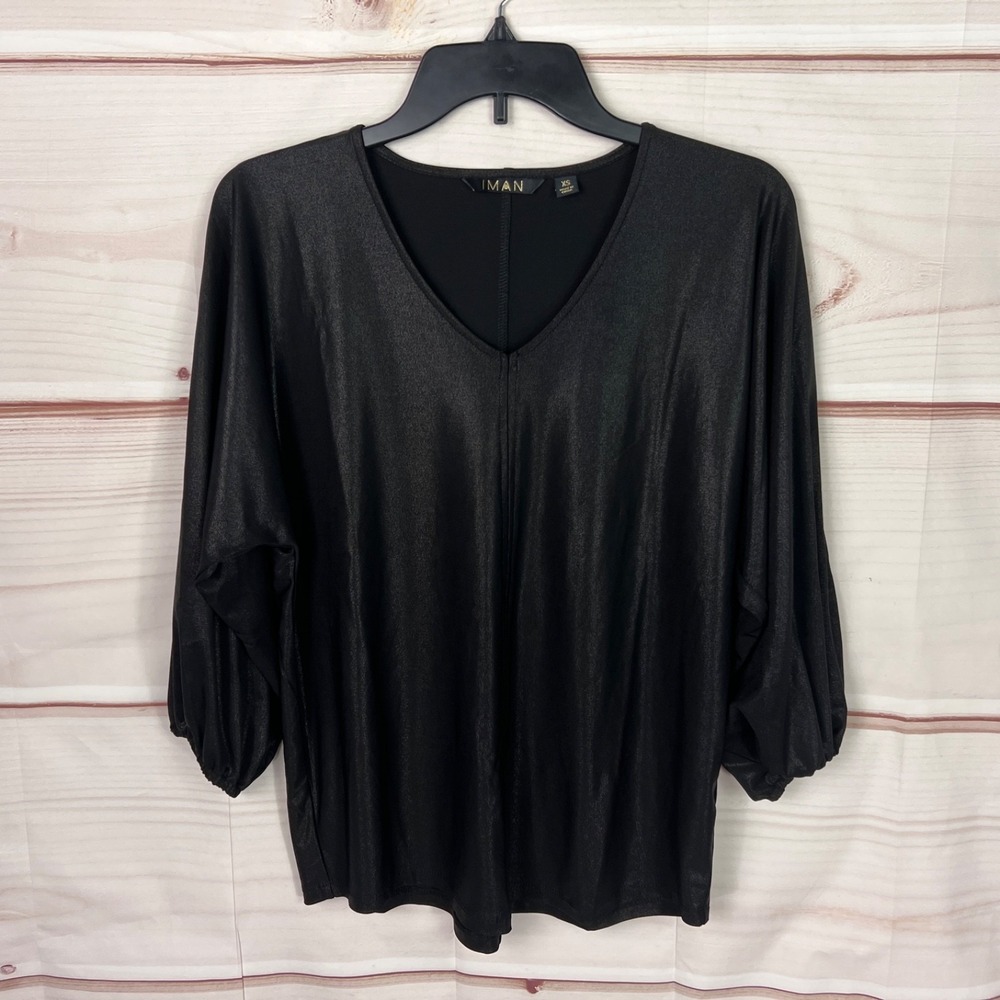 Iman‎ Top Womens XS Black V-Neck Blouse Dolman Sleeve Knit Pullover Relaxed Fit